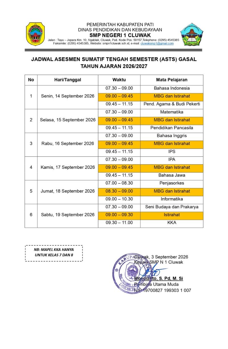 Jadwal ASESMEN SUMATIF TENGAH SEMESTER GASAL TAPEL 2026/2027